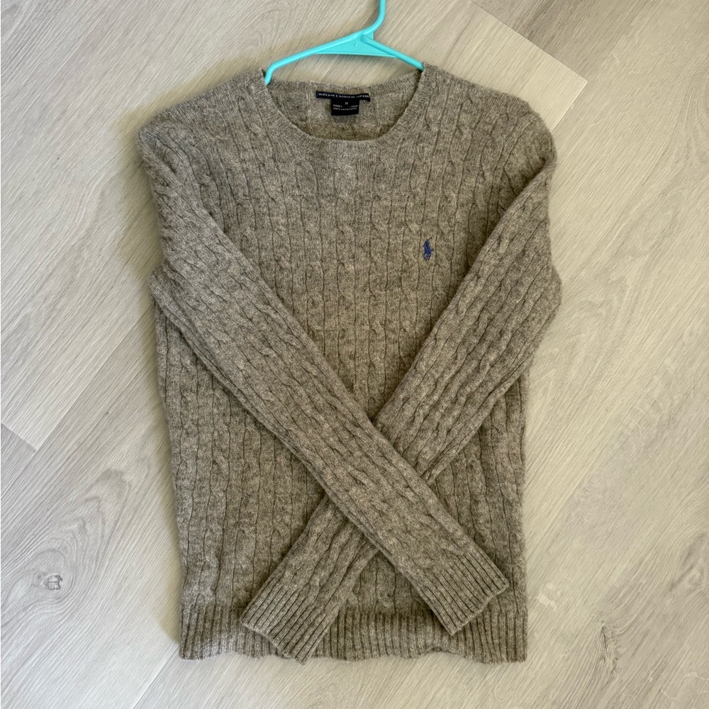 Ralph Lauren Women's Taupe Cable Knit Crewneck Sweater